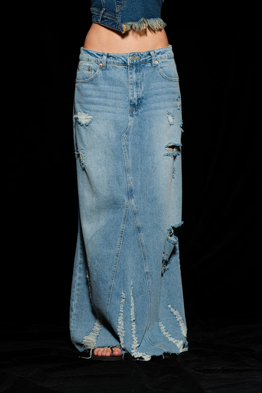 Denim Maxi Distressed Skirt