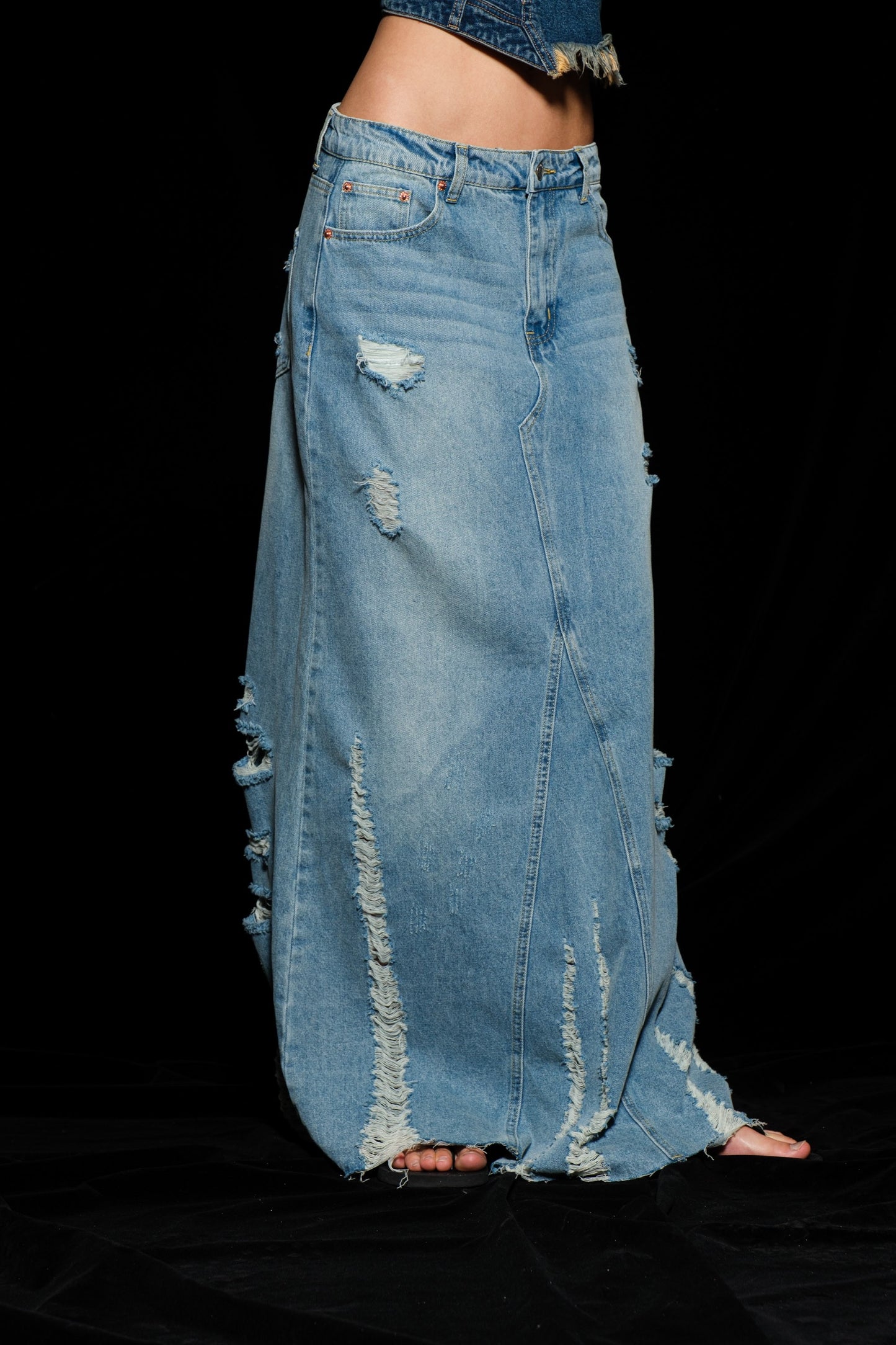 Denim Maxi Distressed Skirt
