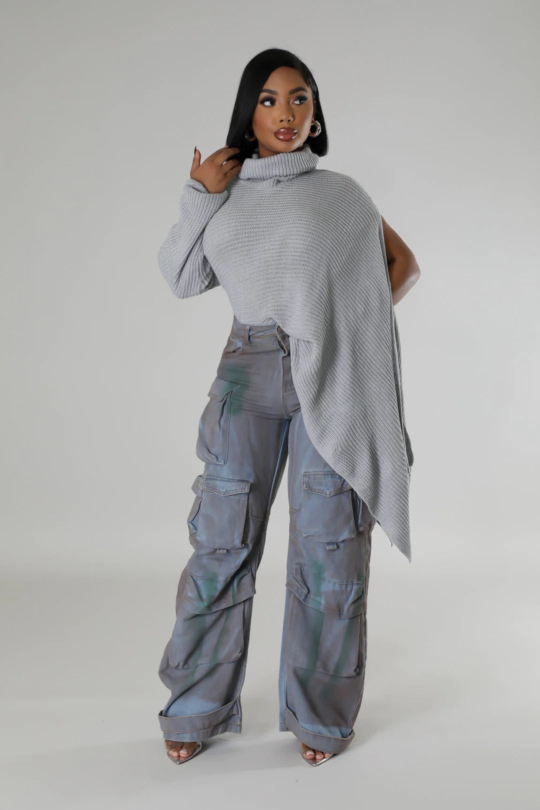 Gray Peek-A-Boo Poncho Sweater