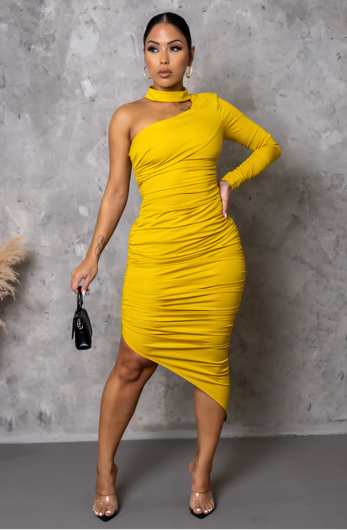 mustard yellow one shoulder dress Mustard Yellow One Shoulder Embellished Evening Dress