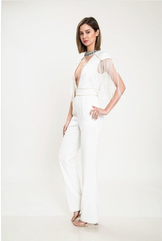 Jeweled Deep V Neckline White Jumpsuit - SistahGirl