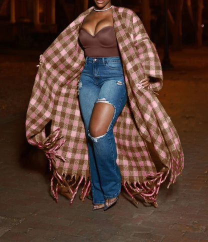 Pink and Brown Checkered Fringe Cardigan