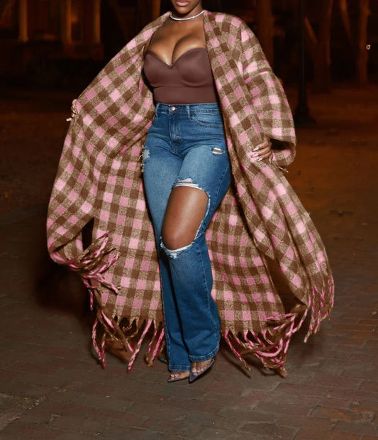 Pink and Brown Checkered Fringe Cardigan