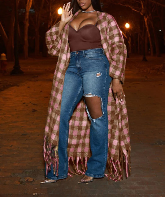 Pink and Brown Checkered Fringe Cardigan