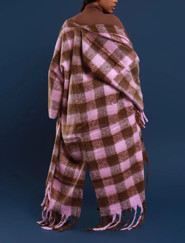 Pink and Brown Checkered Fringe Cardigan