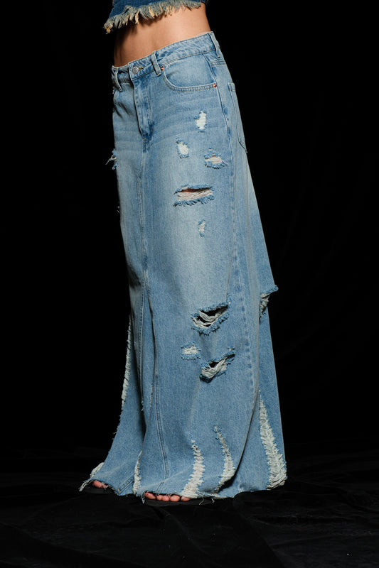 Denim Maxi Distressed Skirt