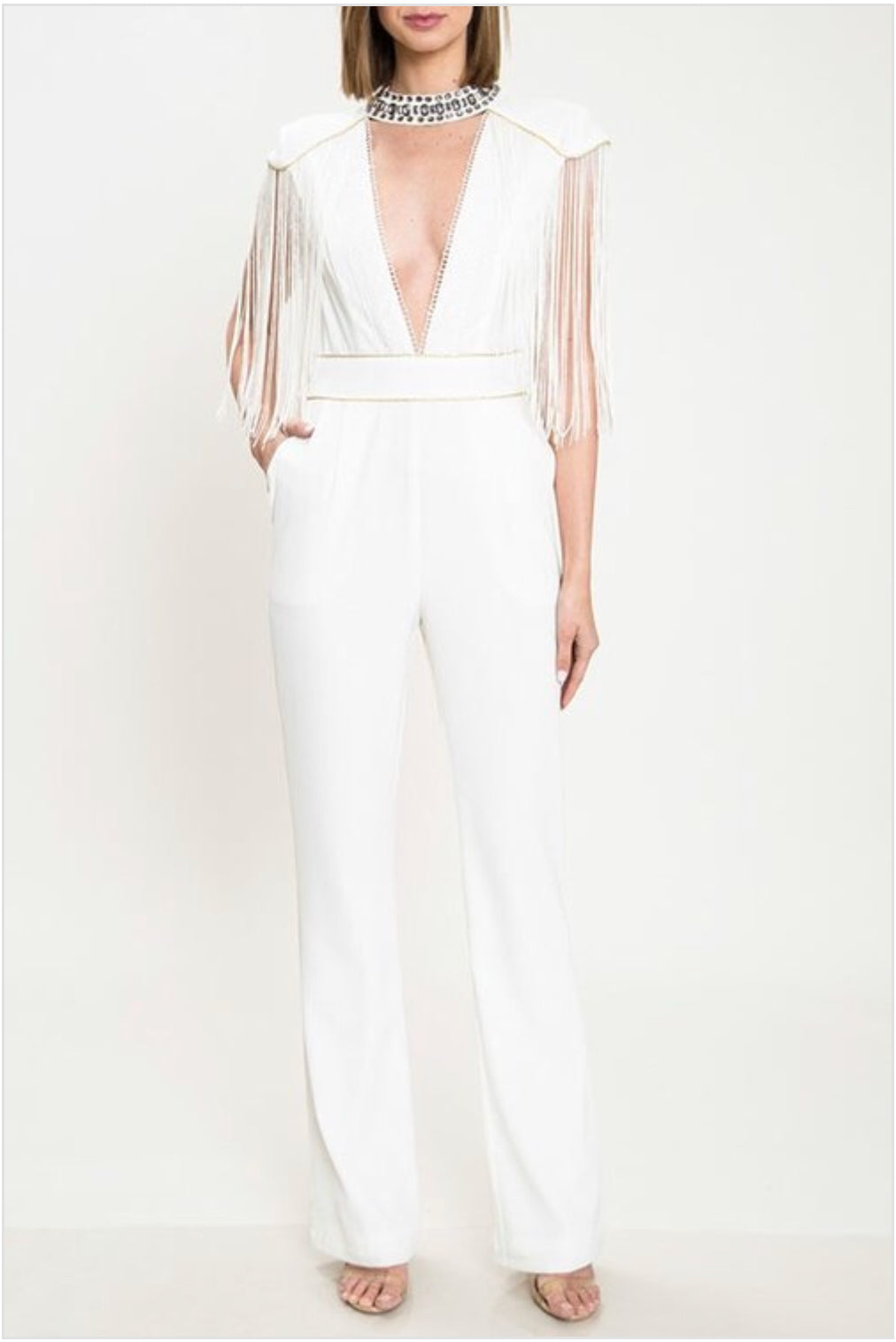 Jeweled Deep V Neckline White Jumpsuit - SistahGirl